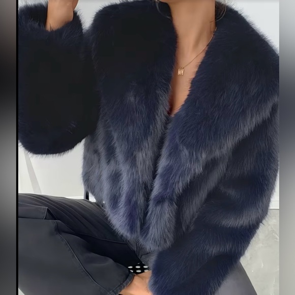 Lux Faux Fur Cropped Jacket - Navy - Picture 3 of 5